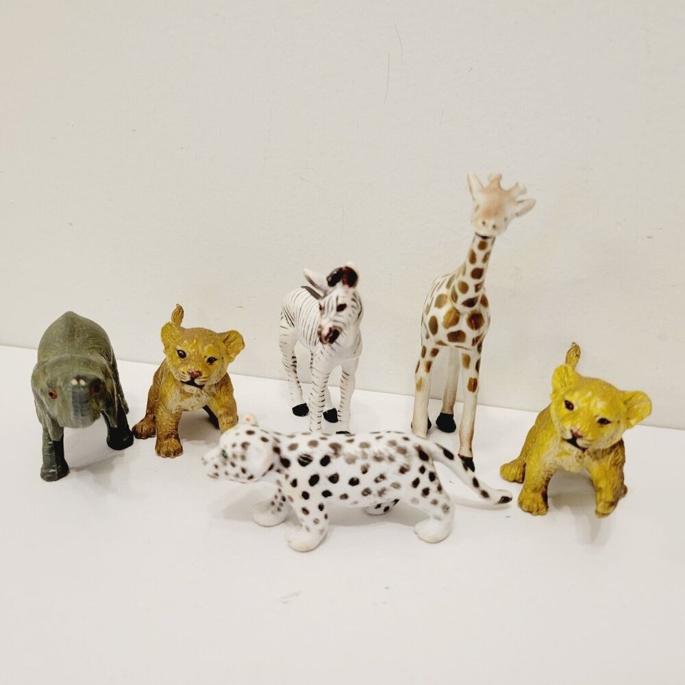 6 Vtg Safari Wild Animal Figures Giraffe Elephant Zebra Lion Cubs Leopard